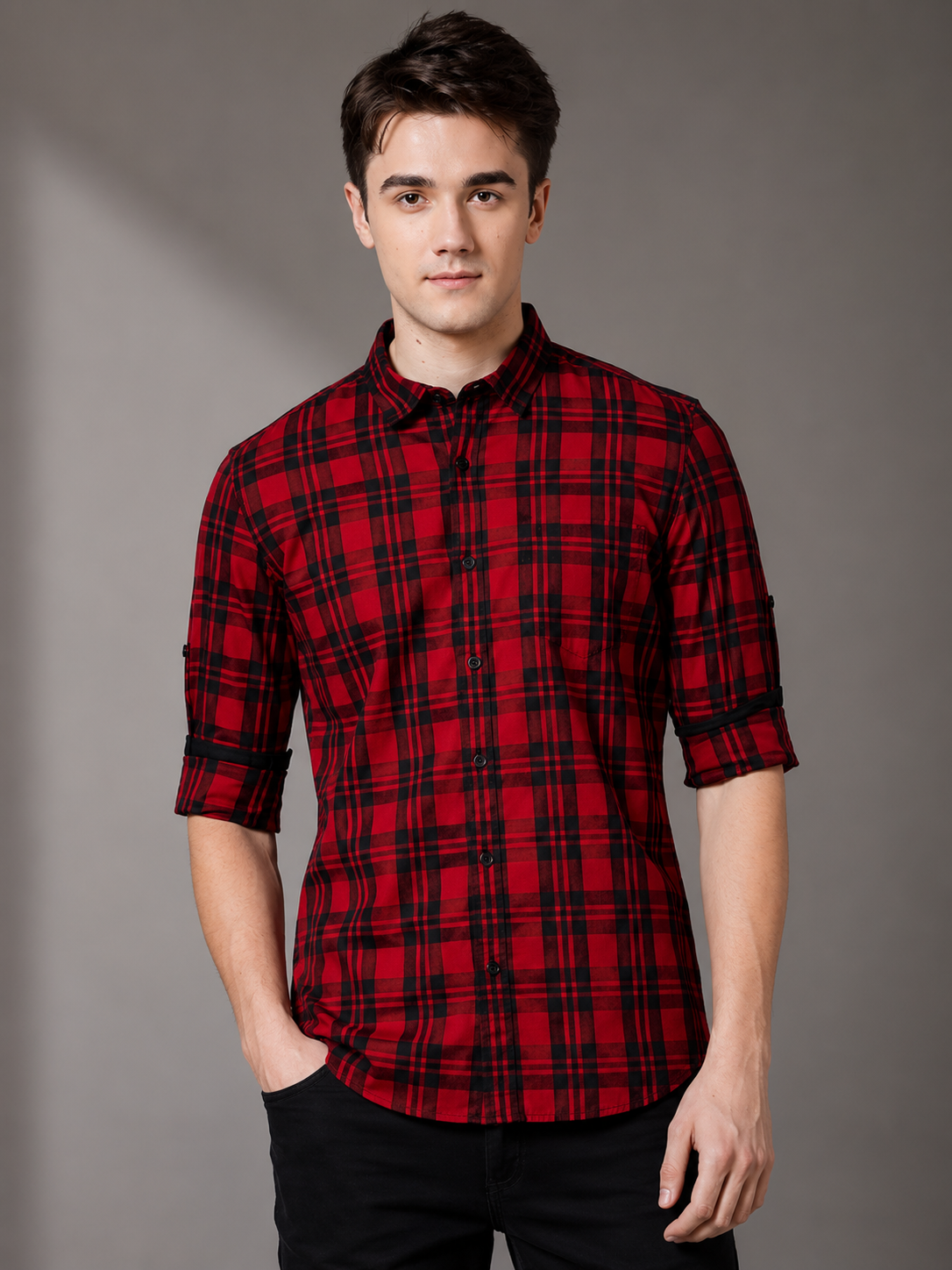 HIGHLANDER Men Red & Black Slim Fit Yarn Dyed Checked Casual Shirt