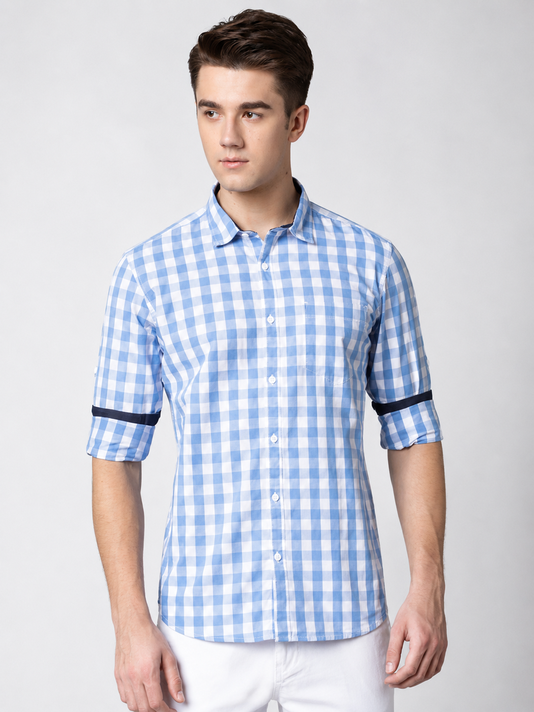 HIGHLANDER Men Blue & White Slim Fit Checked Casual Shirt